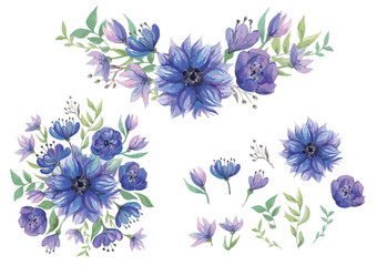 青い花の花束　水彩イラスト　レトロな花柄　テンプレート　ベクター素材