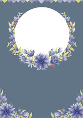 青い花の花束　水彩イラスト　くすみカラー　レトロな花柄　テンプレート　ベクター素材