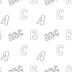 School simple seamless pattern with the letters ABC. Black and white background with isolated hand-drawn doodle outline elements. Vector illustration.