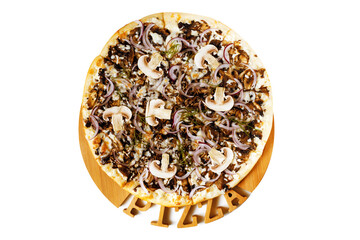Traditional Italian pizza with mushrooms on white, isolated. Top view.