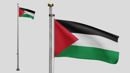 3D, Palestinian flag waving on wind. Palestine banner blowing soft silk.