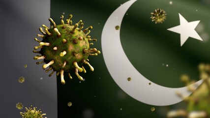 3D, Flu coronavirus floating over Pakistani flag. Pakistan and pandemic Covid 19