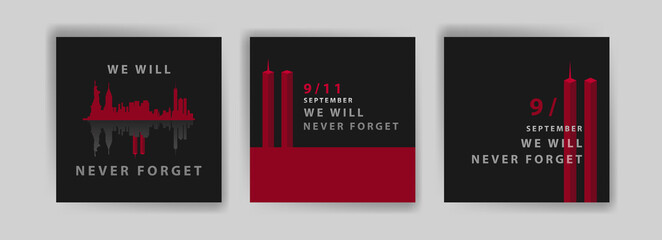Social media post template to commemorate the September 11 attacks. Patriot day USA Never forget 9/11 poster.