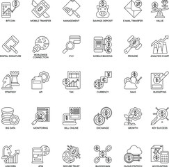 Outline Fintech elements flat icon collection set