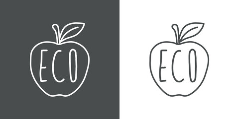 Logotipo con texto manuscrito Eco escrito a mano en silueta de manzana con lineas en fondo gris y fondo blanco