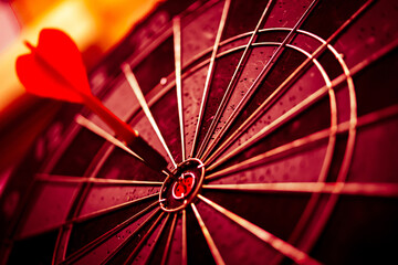 Close up shot of the dart arrow hit on bulleyes of dartboard to represent that the business reached the target of company with dark tone picture style. Target and goal as concept.	
