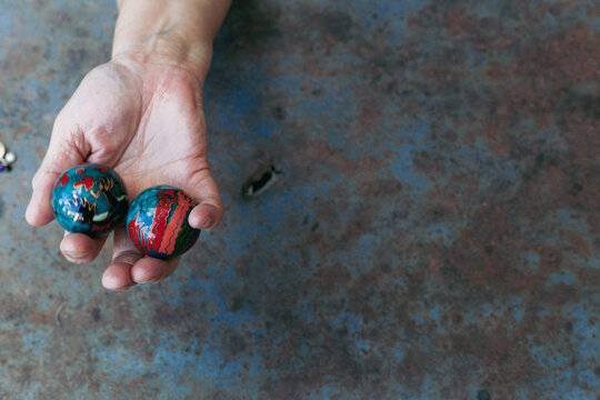 hands of senior adult woman excercising with chinese baoding balls for stress relief and deep relaxation