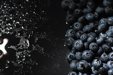 Water drops on ripe sweet blueberry. Fresh blueberries background with copy space for your text. Vegan and vegetarian concept. Macro texture of blueberry berries.