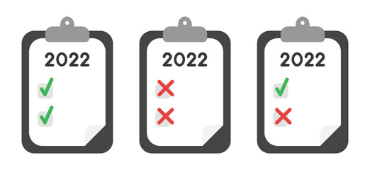New year 2022 vector concept, clipboard with paper, checkboxes, check marks and cross marks