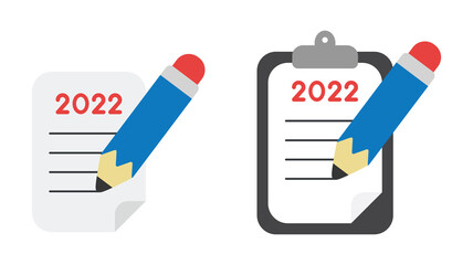 New year 2022 vector concept, paper and clipboard, pencil writing