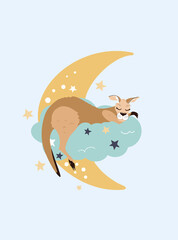 Children's illustration of a kangaroo. Poster for the children 's room .A kangaroo sleeps on a pillow.