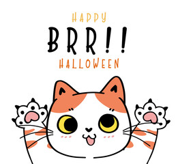 Cute funny cat playful play ghost Brr Happy halloween costume cartoon doodle outline flat vector illustration