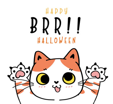 Cute funny cat playful play ghost Brr Happy halloween costume cartoon doodle outline flat vector illustration