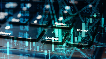Fototapeta premium Stock market trend or Forex trading graph chart for financial planning as concept. Double exposure of digital number and price quote to do stock analysis with many indicators. 