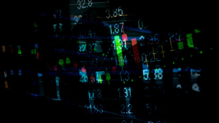 Stock market trend or Forex trading graph chart for financial planning as concept. Double exposure of digital number and price quote to do stock analysis with many indicators.	
