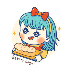 cute girl holding bread. Bakery logo cartoon kawaii.