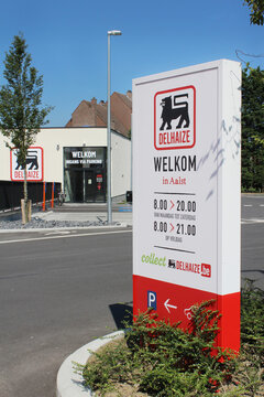 AALST, BELGIUM, 25 AUGUST 2021: Exterior view of the newly built Delhaize Supermarket in Aalst. The Delhaize Group is a Belgian Supermarket chain with stores worldwide. 