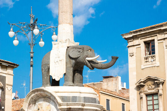 The Fontana dell'Elefante (elephant's fountain) symbol of Catania, Italy, assembled in 1736