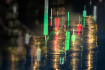 Candlestick chart in financial stock market on digital number background. Forex trading graphic design and Stock market trading trend as concept.	