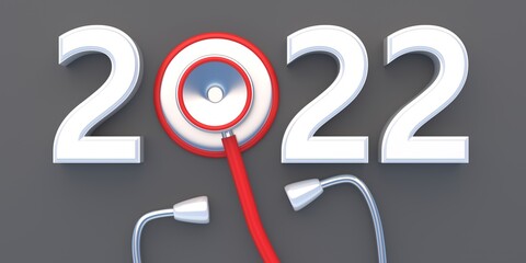 2022 wishing you stay in good health. White number and medical stethoscope against grey color background. 3d illustration