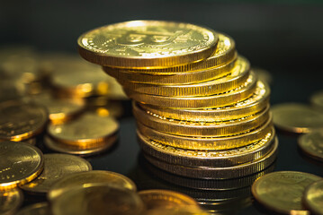 Gold coins stacks is representing riches and wealth management. Coin stack growing and find out the way to get a return on investment. Finance and money exchange investment as concept.
