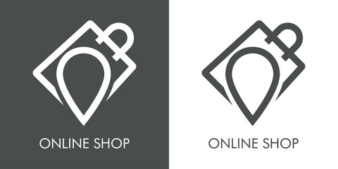 Logo con texto Online Shop con silueta de marcador de posición en bolsa de la compra con lineas en fondo gris y fondo banco © teracreonte