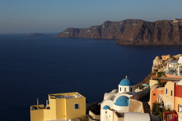 Landscape of Caldera with blue dome church, Oia, Santorini, Greece