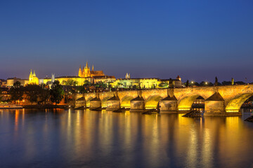Charles bridge and cityscape at sunset, Prague, Czech Republic