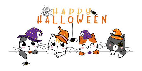 cute Happy Halloween banner funny kitten cat in costume cartoon flat vector illlustration