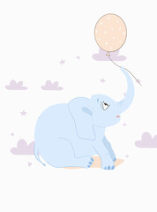 Children's illustration of an elephant. Elephant with balls. Blue elephant. children's print
