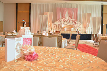 luxury wedding rom banquet sit down muslim buffet party catering with flower decoration fusion halal menu at beautiful hotel restaurant vip ballroom