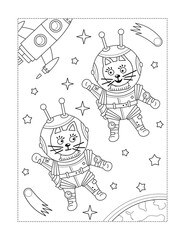 Coloring page with two brave cats the astronauts in outer space, stars, comets, spaceship, earth.
