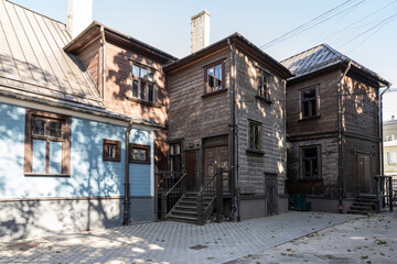 Fototapeta na wymiar typical colored wooden houses in Riga, Latvia