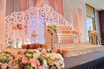 luxury wedding rom banquet sit down muslim buffet party catering with flower decoration fusion halal menu at beautiful hotel restaurant vip ballroom