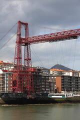 View along the top of the historic Vizcaya Bridge, transporter bridge with the gondola, Bilbao, Spain