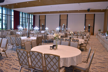 luxury wedding rom banquet sit down muslim buffet party catering with flower decoration fusion halal menu at beautiful hotel restaurant vip ballroom