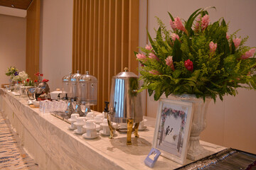 luxury wedding rom banquet sit down muslim buffet party catering with flower decoration fusion halal menu at beautiful hotel restaurant vip ballroom