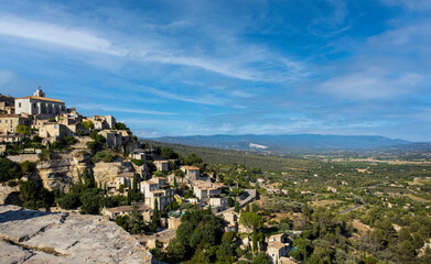 Fototapeta premium Panoramic View over the village of Gordes, Vaucluse, Provence, France, Gordes medieval village sunset view, France