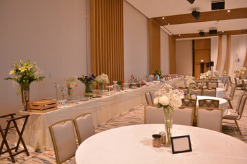 luxury wedding rom banquet sit down muslim buffet party catering with flower decoration fusion halal menu at beautiful hotel restaurant vip ballroom