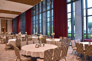 luxury wedding rom banquet sit down muslim buffet party catering with flower decoration fusion halal menu at beautiful hotel restaurant vip ballroom