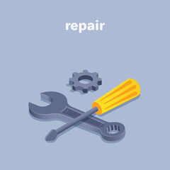 isometric vector illustration on gray background, wrench and screwdriver icon next to gear, setting and repair something