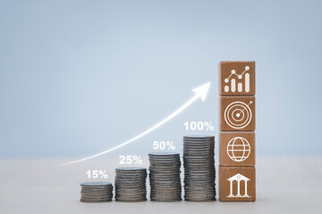 Coins stack in front of square wood and icon arrow business, Save money concept, Property...