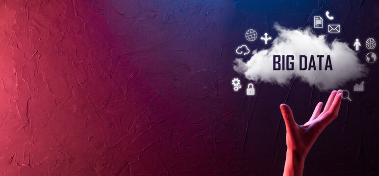 Businessman holds the inscription , word BIG DATA. Padlock , brain ,man, planet,graph, magnifier, gears, cloud, grid, document, letter, phone icon.