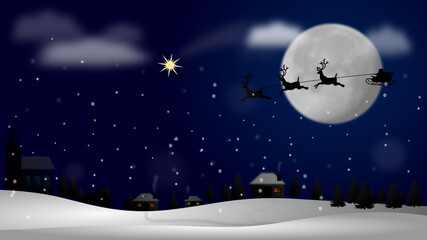 Idyllic Christmas view. Snow-covered country houses, first star, falling snow. Santa Claus on a sleigh pulled by reindeers against the backdrop of the moon.