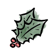 Watercolour and ink Christmas leaves and red berries in red and green colours