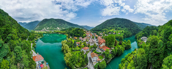 Aerial Drone Panoramic View Over Most na Soci in Slovenia