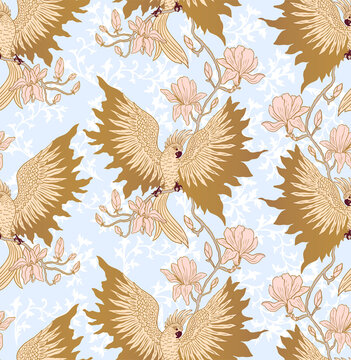 seamless pattern with parrot and magnolia flower, blue, pink and gold colors