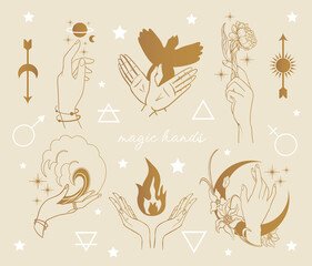 magic hands set, occult symbols: water, fire, moon, bird, space, sun, flowers, witch craft
