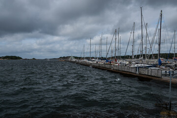 Strömstad, Sweden - July 31 2021: Strömstad marina in windy summer weather.