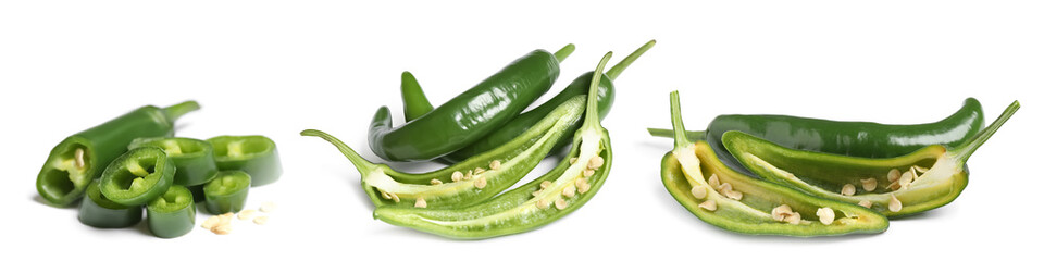 Set with cut green chili peppers on white background. Banner design
